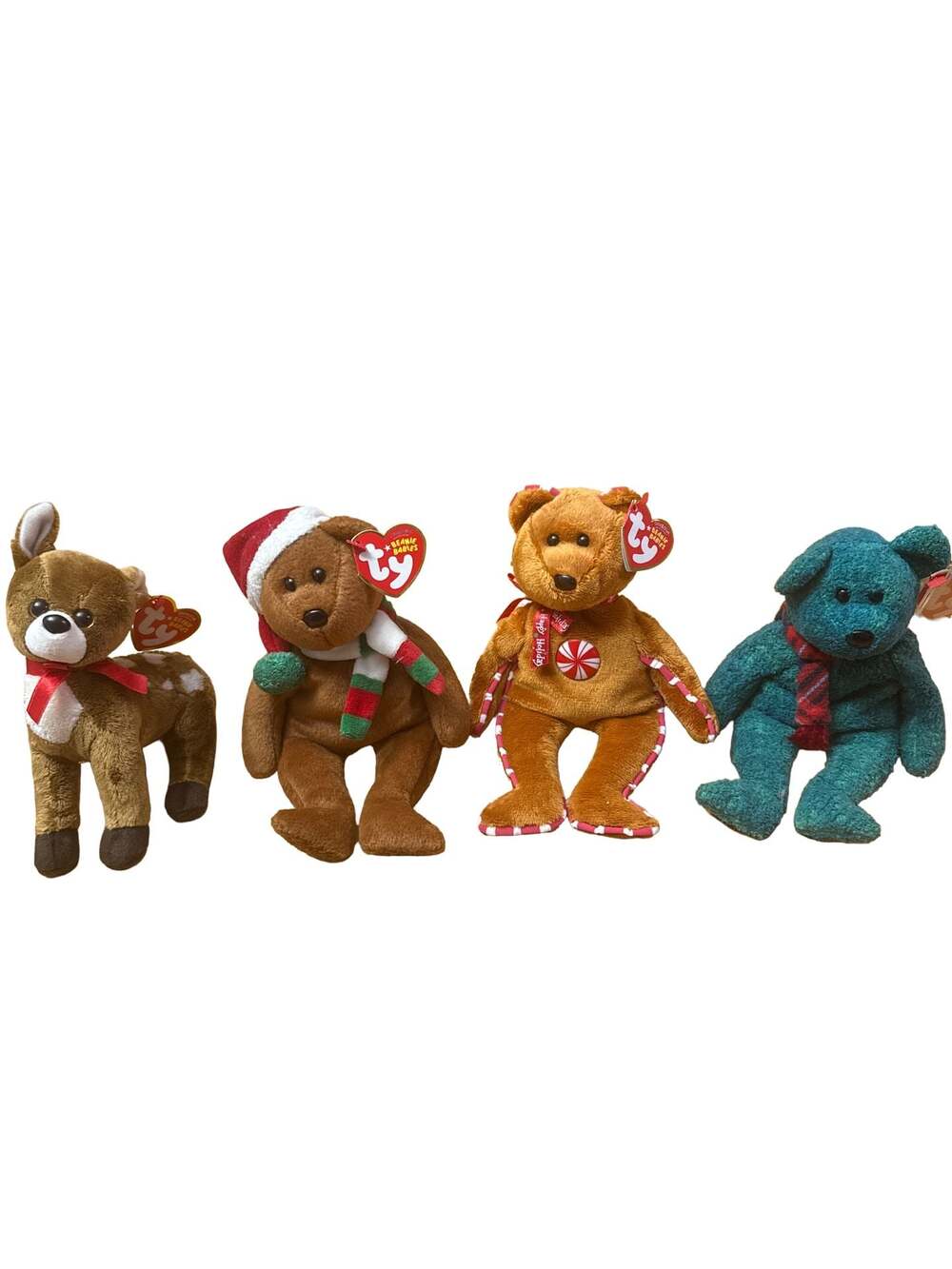 Ty Beanie Babies Holiday Lot of 4 (Reindeer, Santa, Peppermint, Wallace)